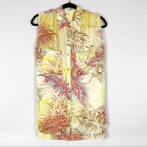 CAbi Silk Feather Sleeveless Button Pink Yellow Medium